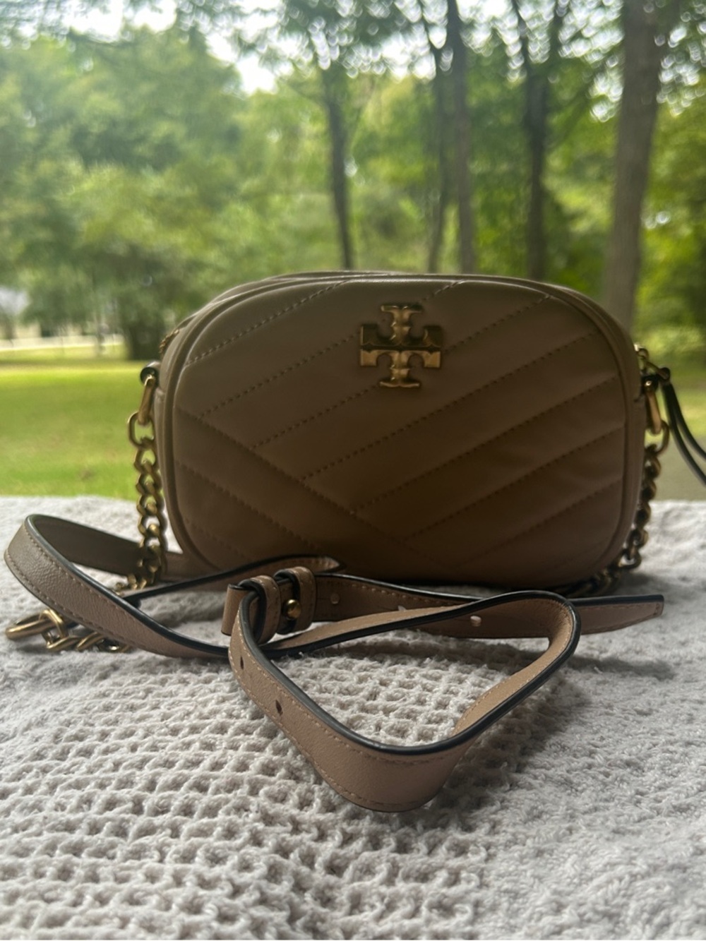 Tory Burch Quilted Crossbody Bag in Taupe